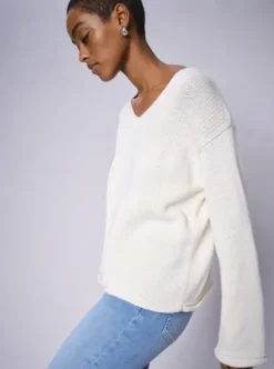 Mos Mosh Bine puuvillaneule v-kaula-aukolla, ecru