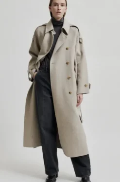 Second Female Walance pitkä villakangastakki, beige melange